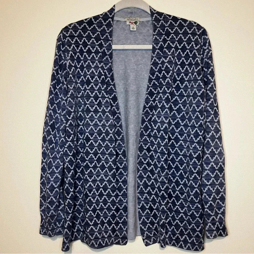L.L. BEAN Cozy Supima Cotton Blue Geometric Printed Knit Cardigan